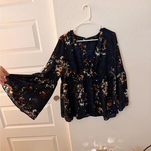 a.n.a Navy Floral Bell-Sleeve Surplice Peplum Top